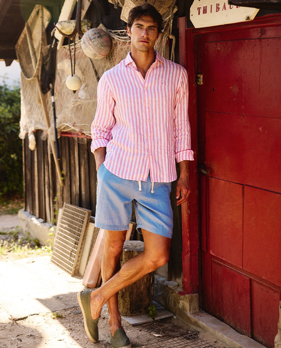 Garment Dyed Blue Linen Bermuda Shorts