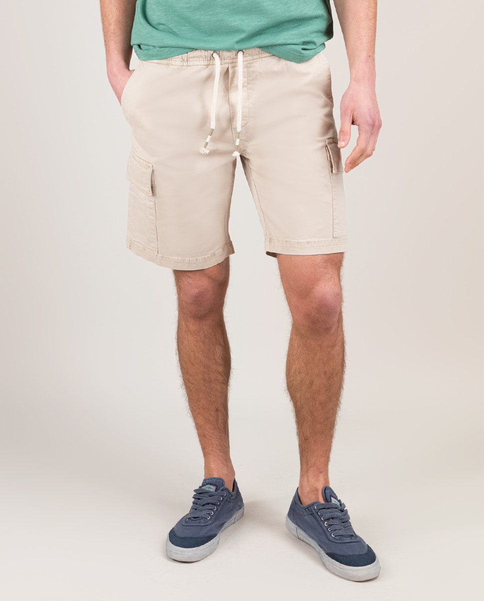 Stretchy Garment Dyed Beige Bermuda Cargo Shorts