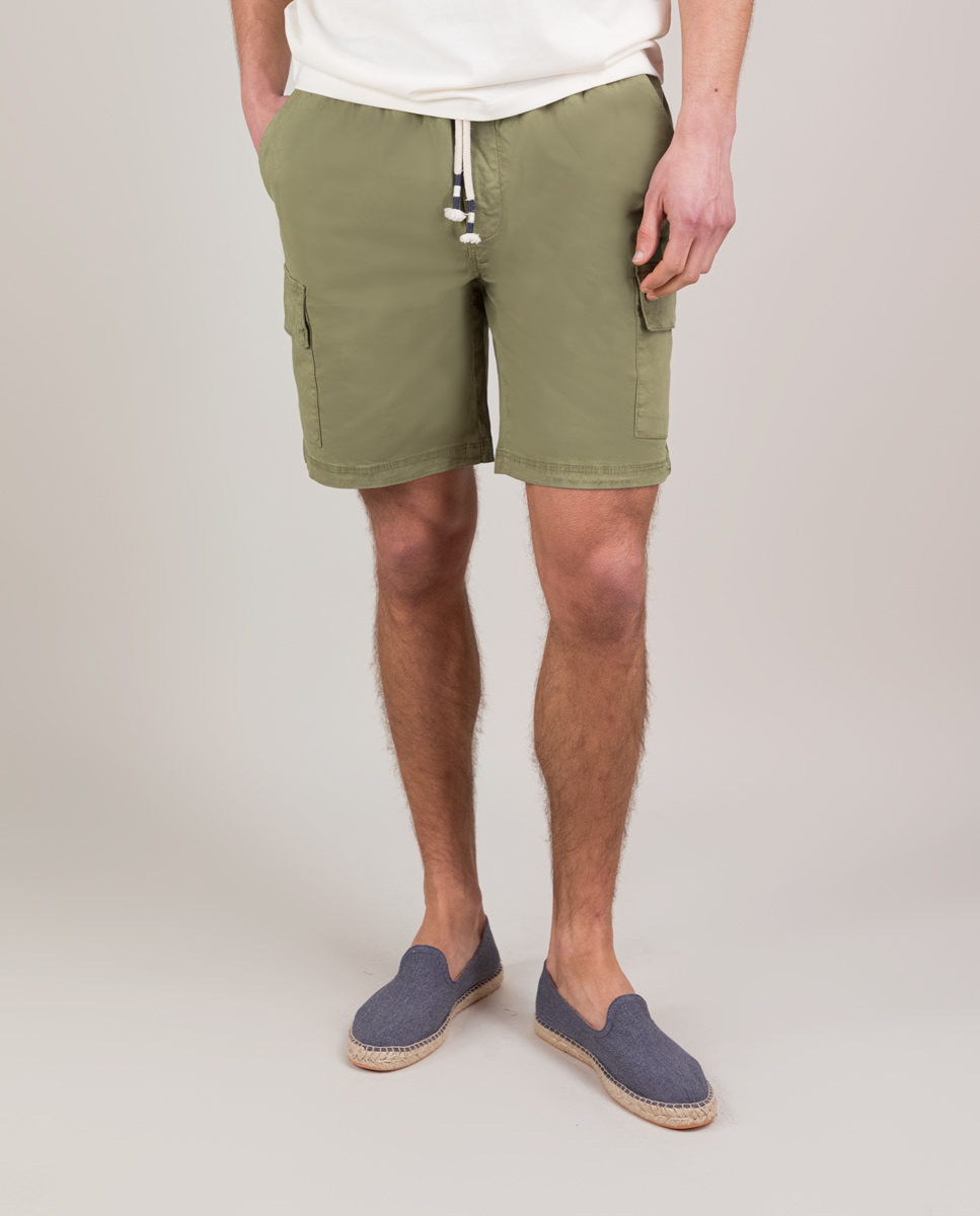 Stretchy Garment Dyed Khaki Bermuda Cargo Shorts