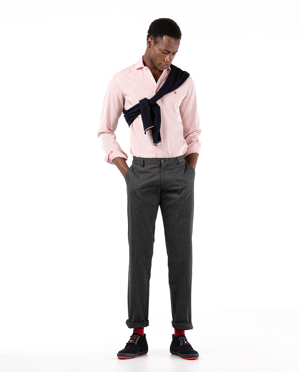 Grey Cotton Herringbone Trousers