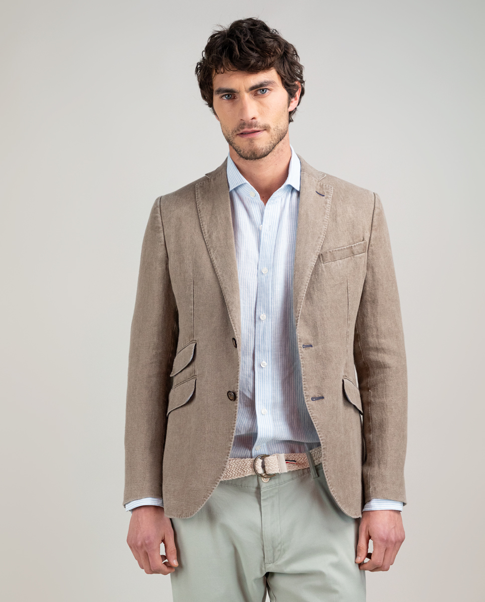 Veste Lin Délavé Brun Havane