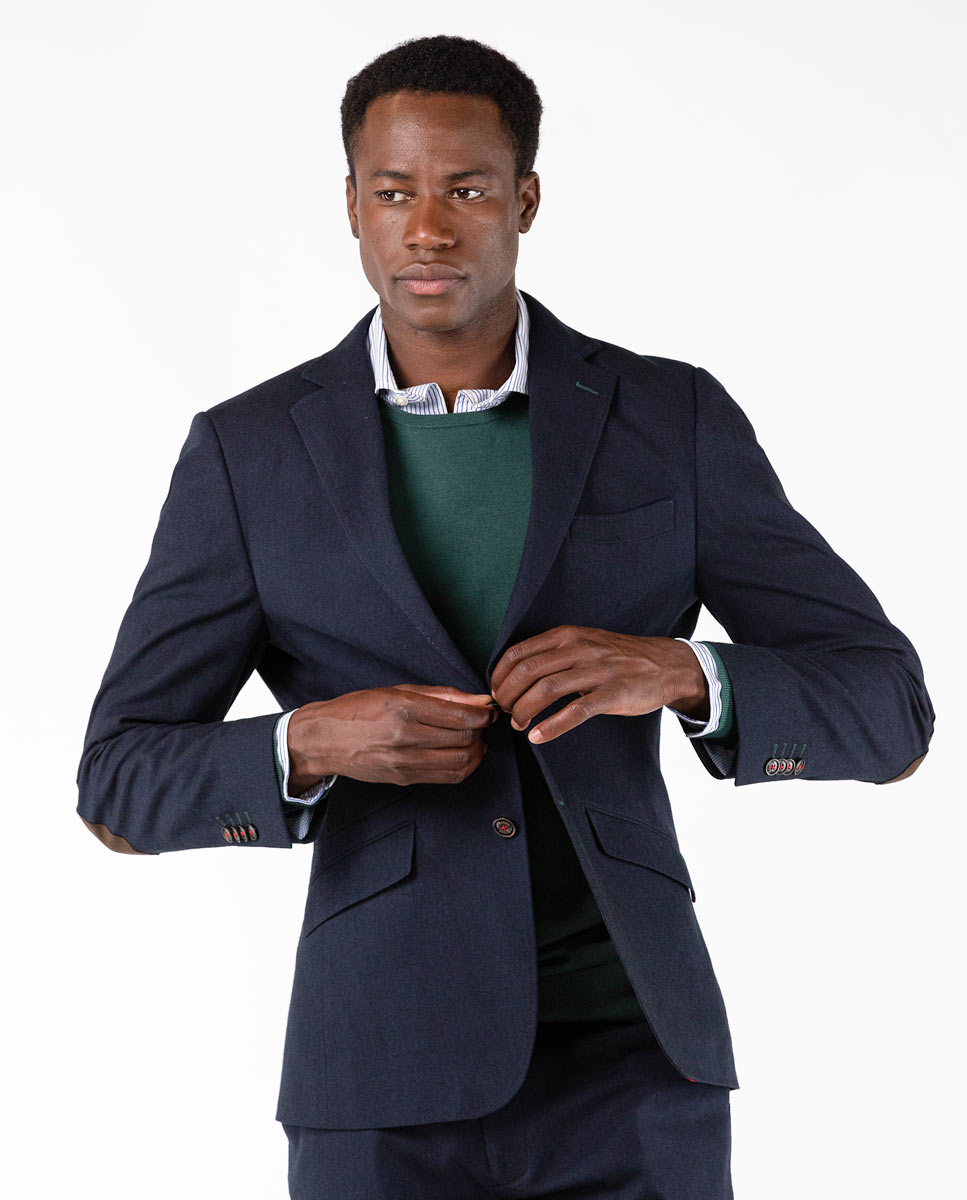 Navy Cotton Herringbone Blazer