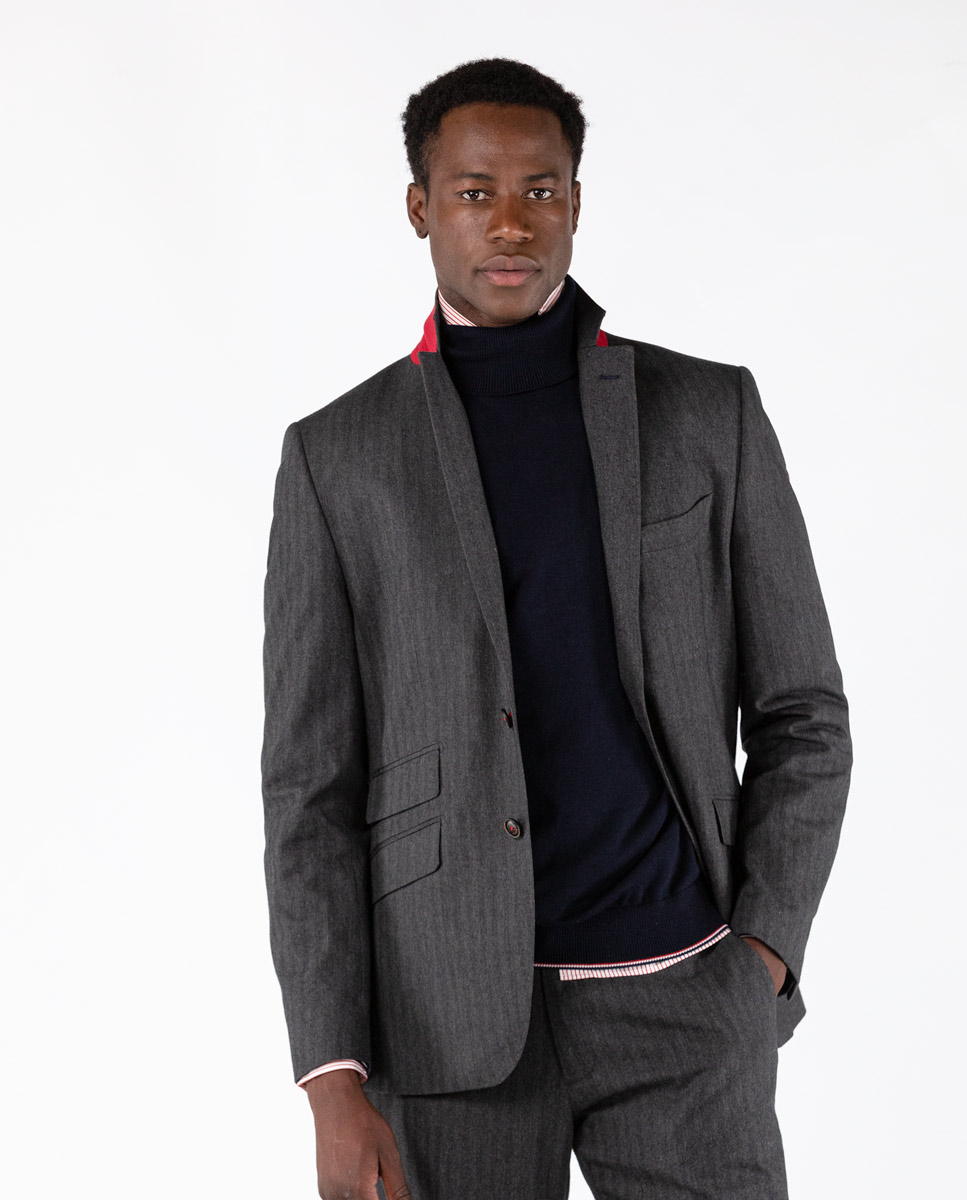 Grey Melange Cotton Herringbone Blazer