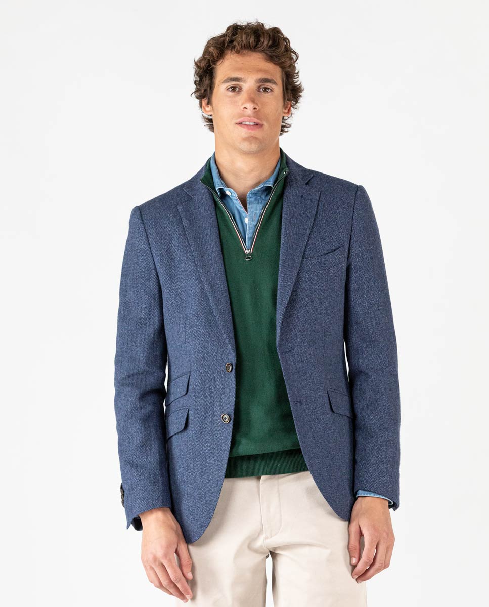 Blue Wool Herringbone Blazer