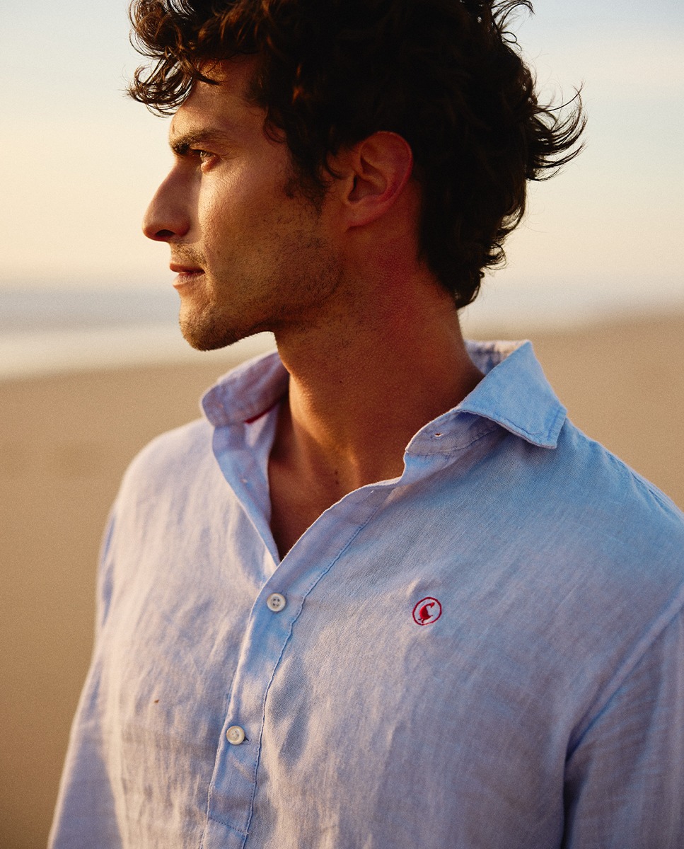 Camisa Polera Lino Celeste