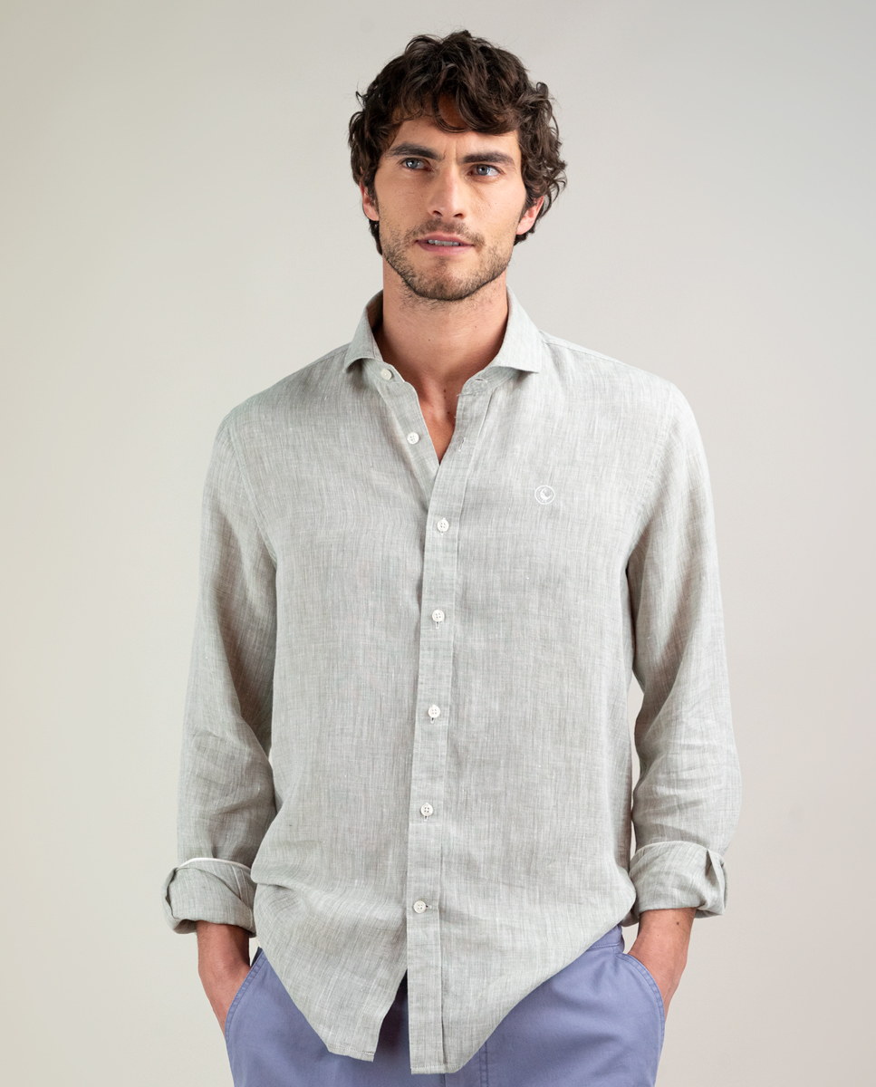 Camisa Lino Chambray Verde Oscuro