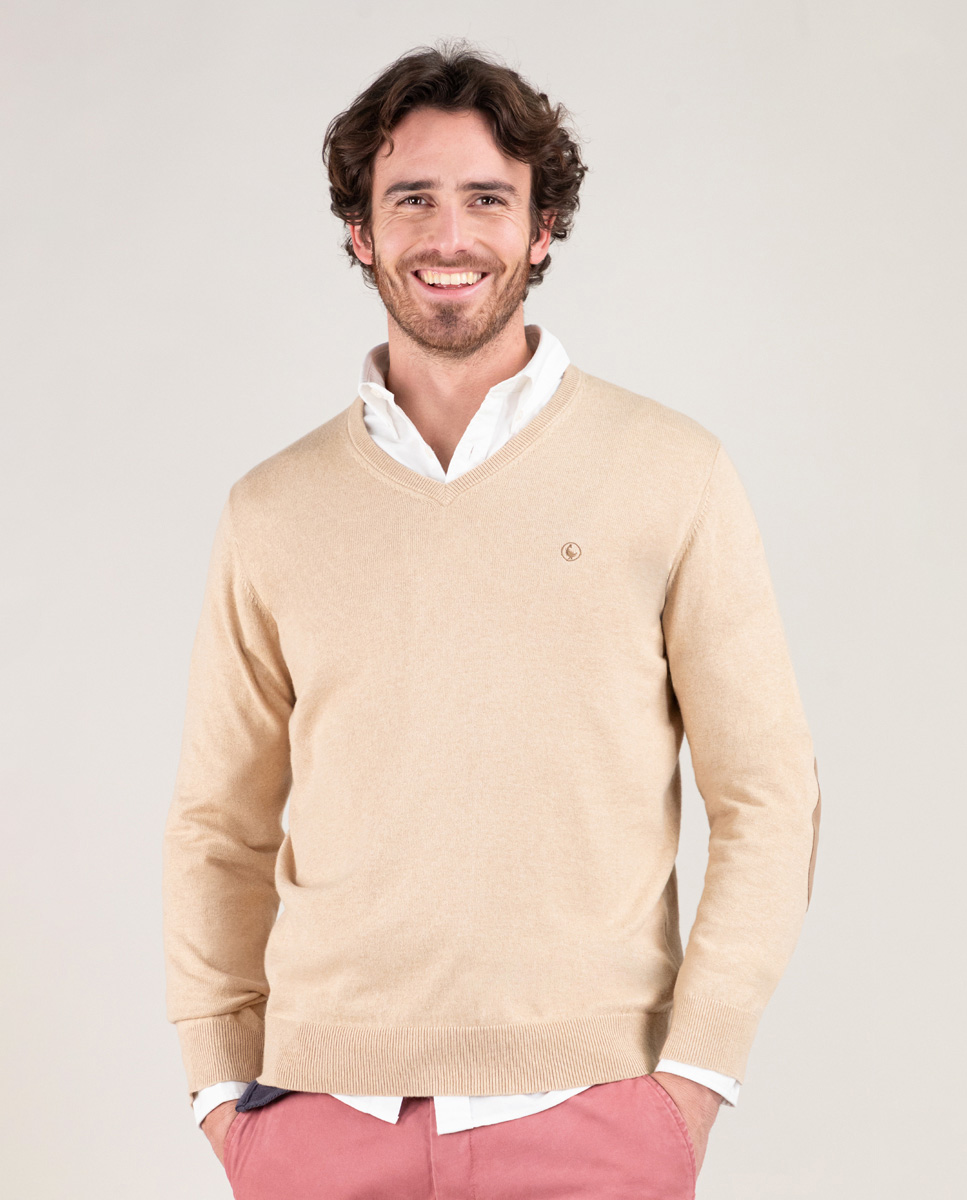 Beige V-Neck Jumper W Elbow Patches