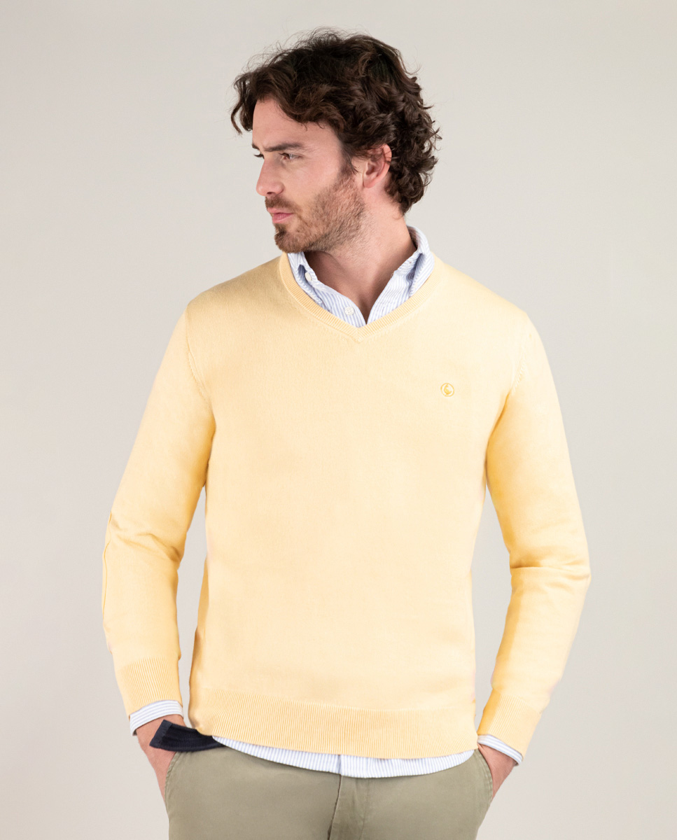 Yellow V-Neck Jumper W Elbow Patches