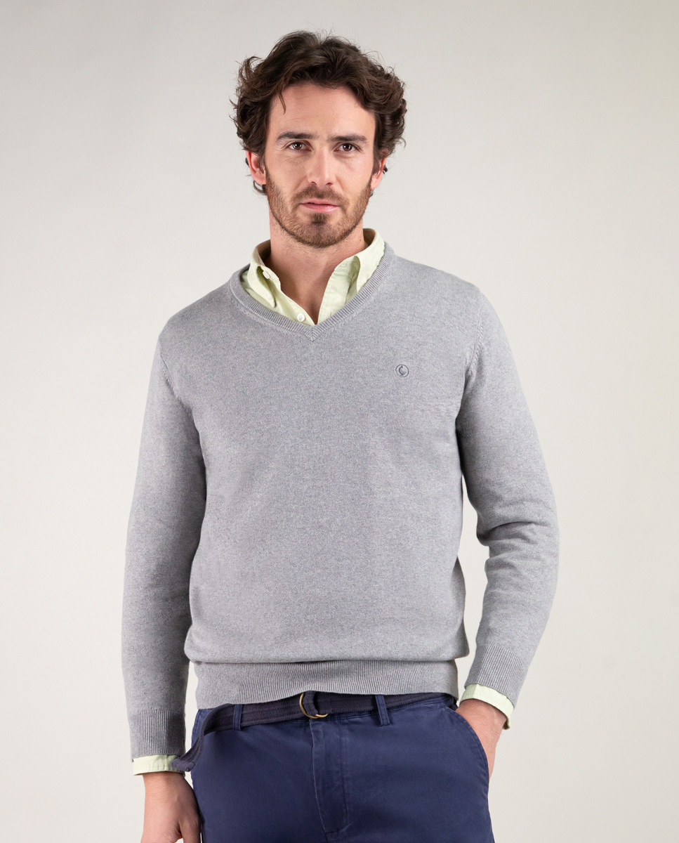 Grey V-Neck Jumper W Elbow Patches