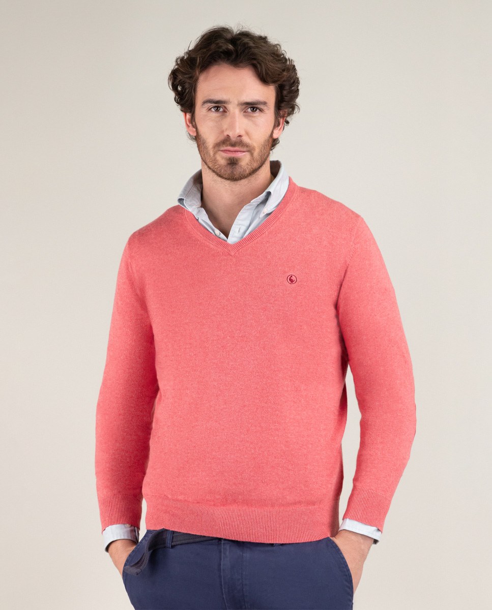 Coral V-Neck Jumper W Elbow Patches