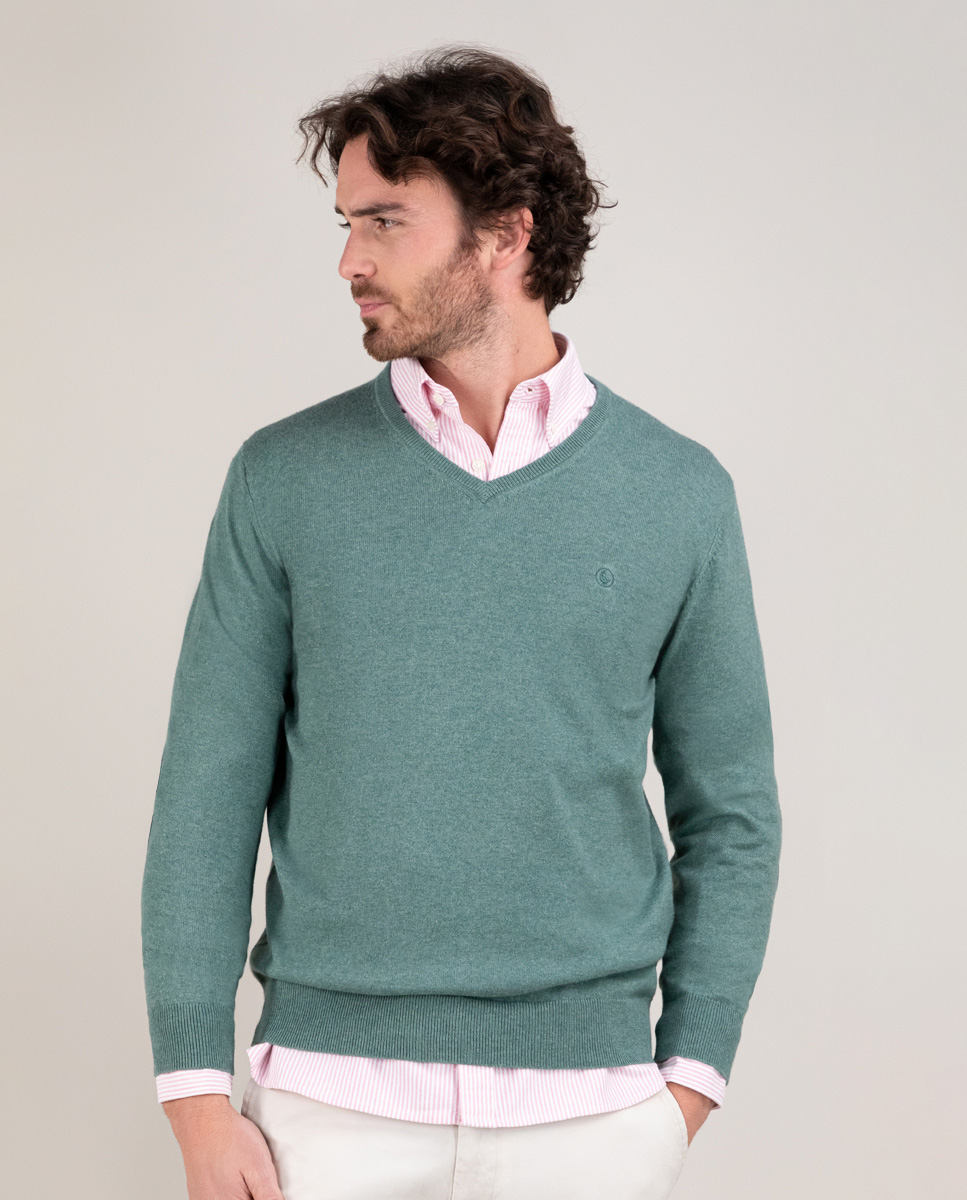Dark Green V-Neck Jumper W Elbow Patches