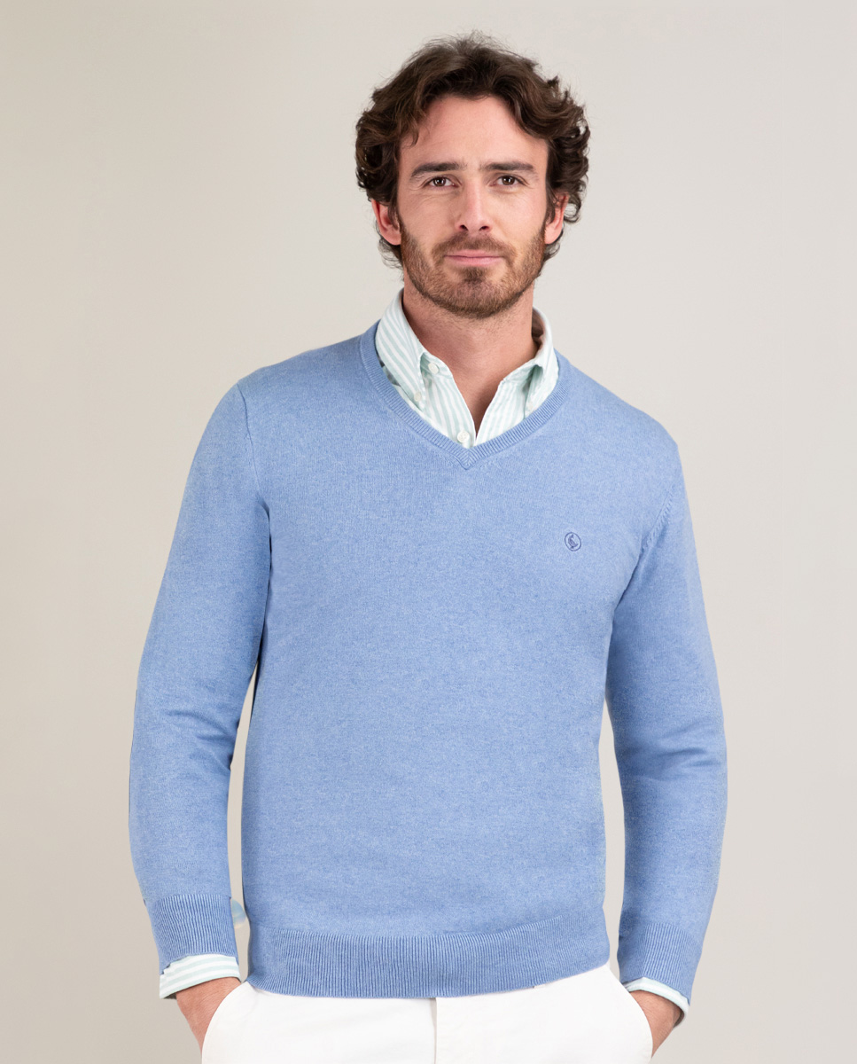 Blue V-Neck Jumper W Elbow Patches