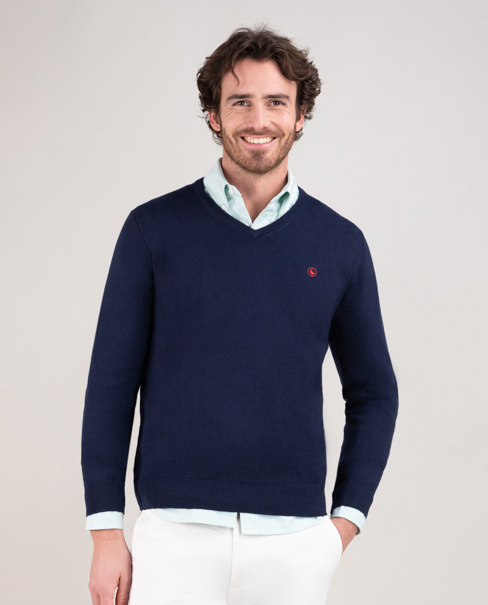 Navy V-Neck Jumper W Elbow Patches