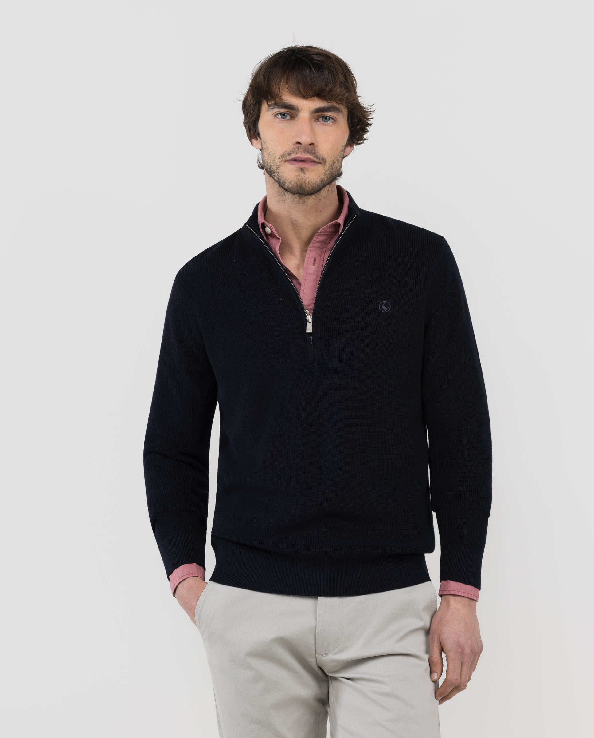 Jersey Punto Inglés Punto Cremallera Marino