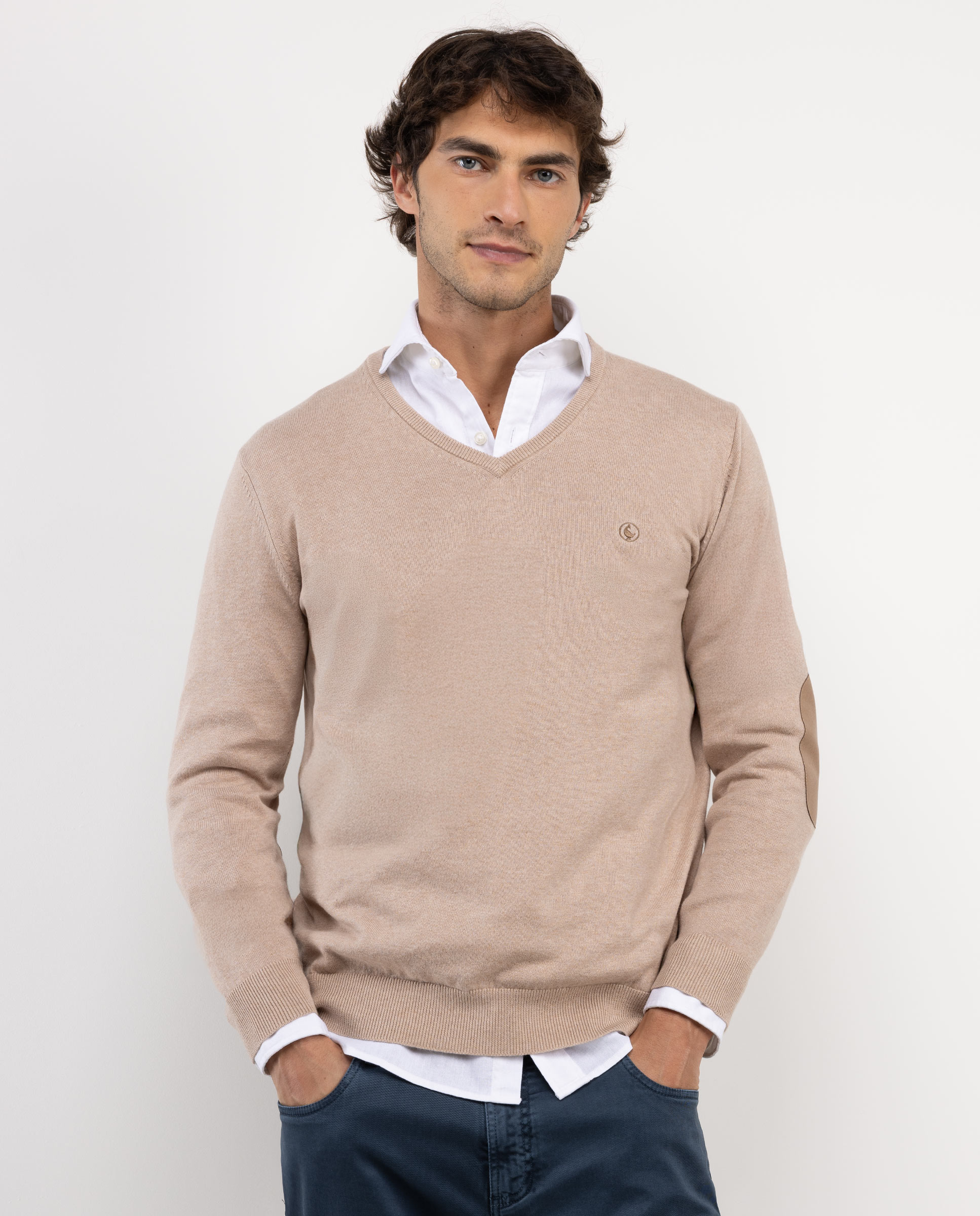 Beige V-Neck Jumper W Elbow Patches