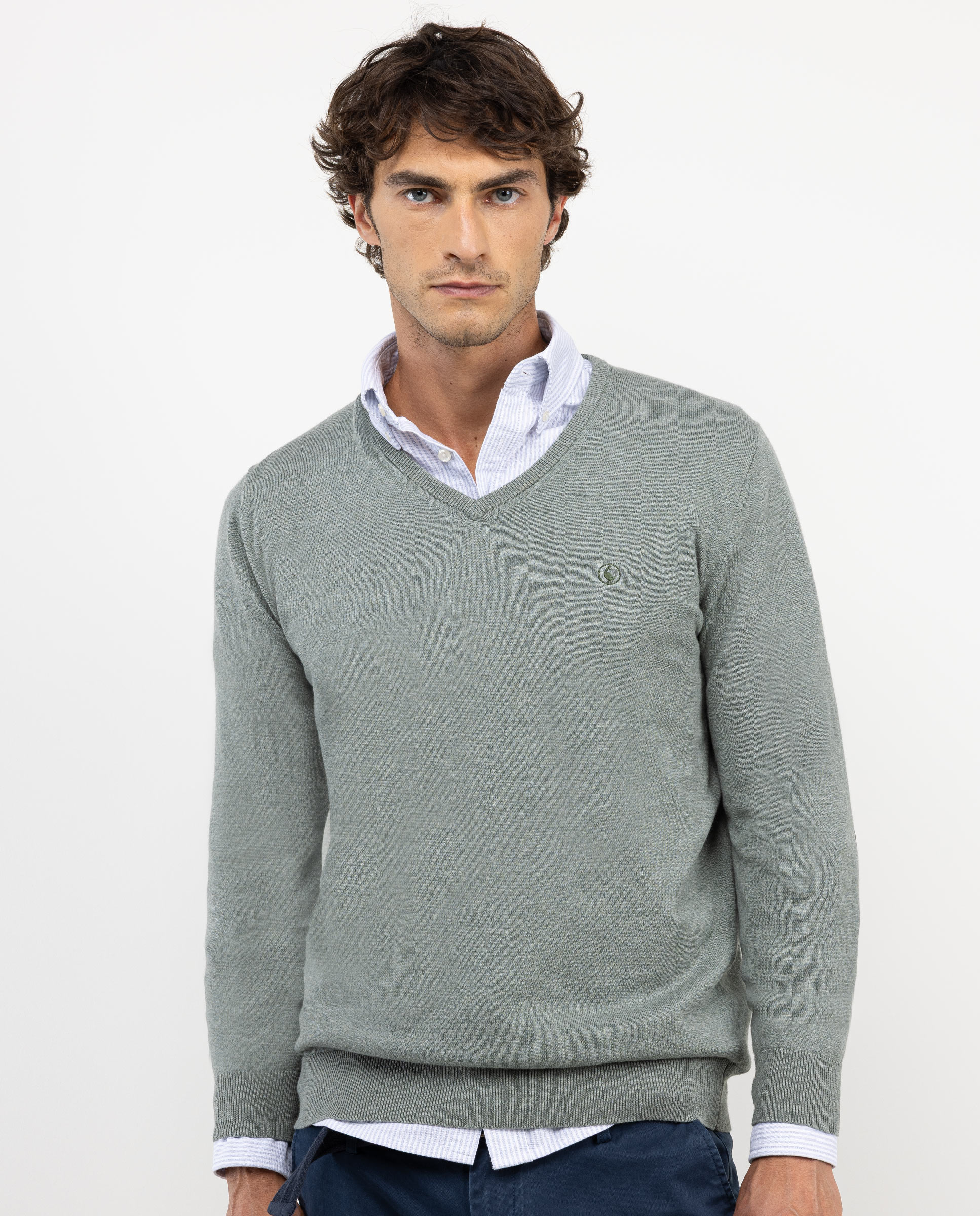 Lichen Green V-Neck Jumper W Elbow Patches