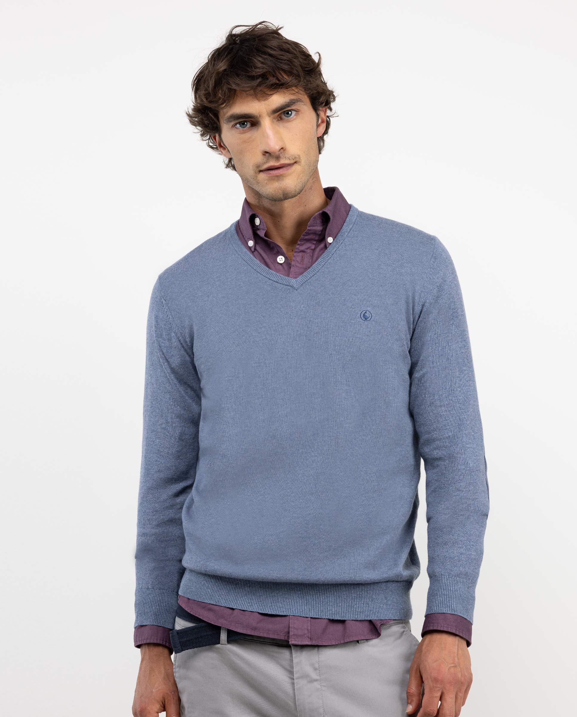 Mid Blue V-Neck Jumper W Elbow Patches