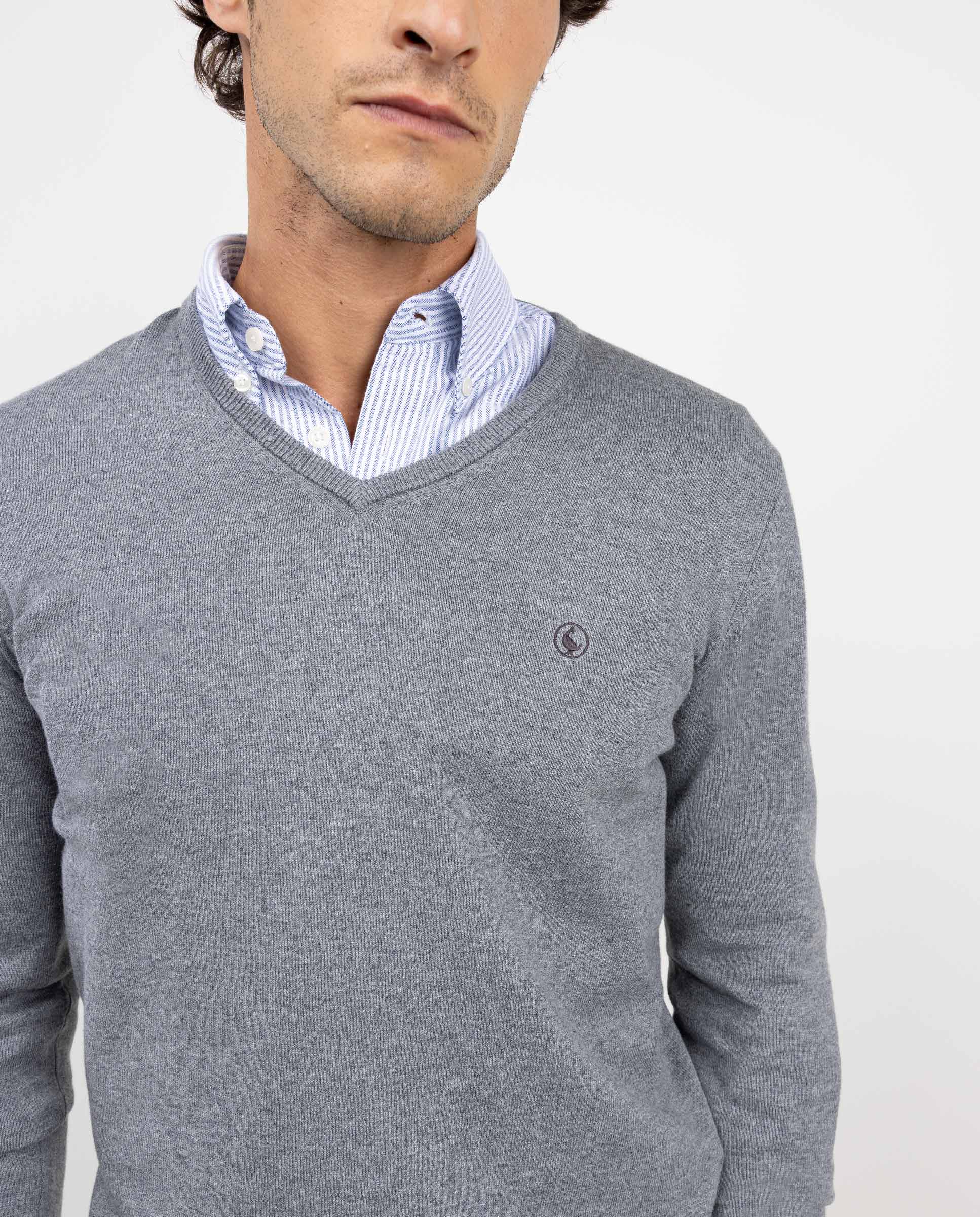 Grey V-Neck Jumper W Elbow Patches