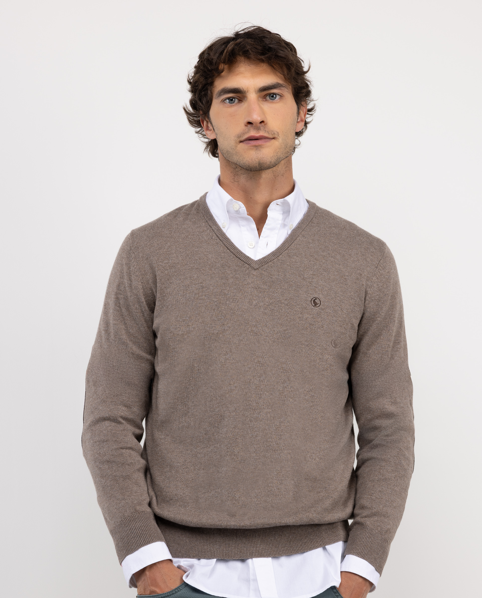 Taupe V-Neck Jumper W Elbow Patches