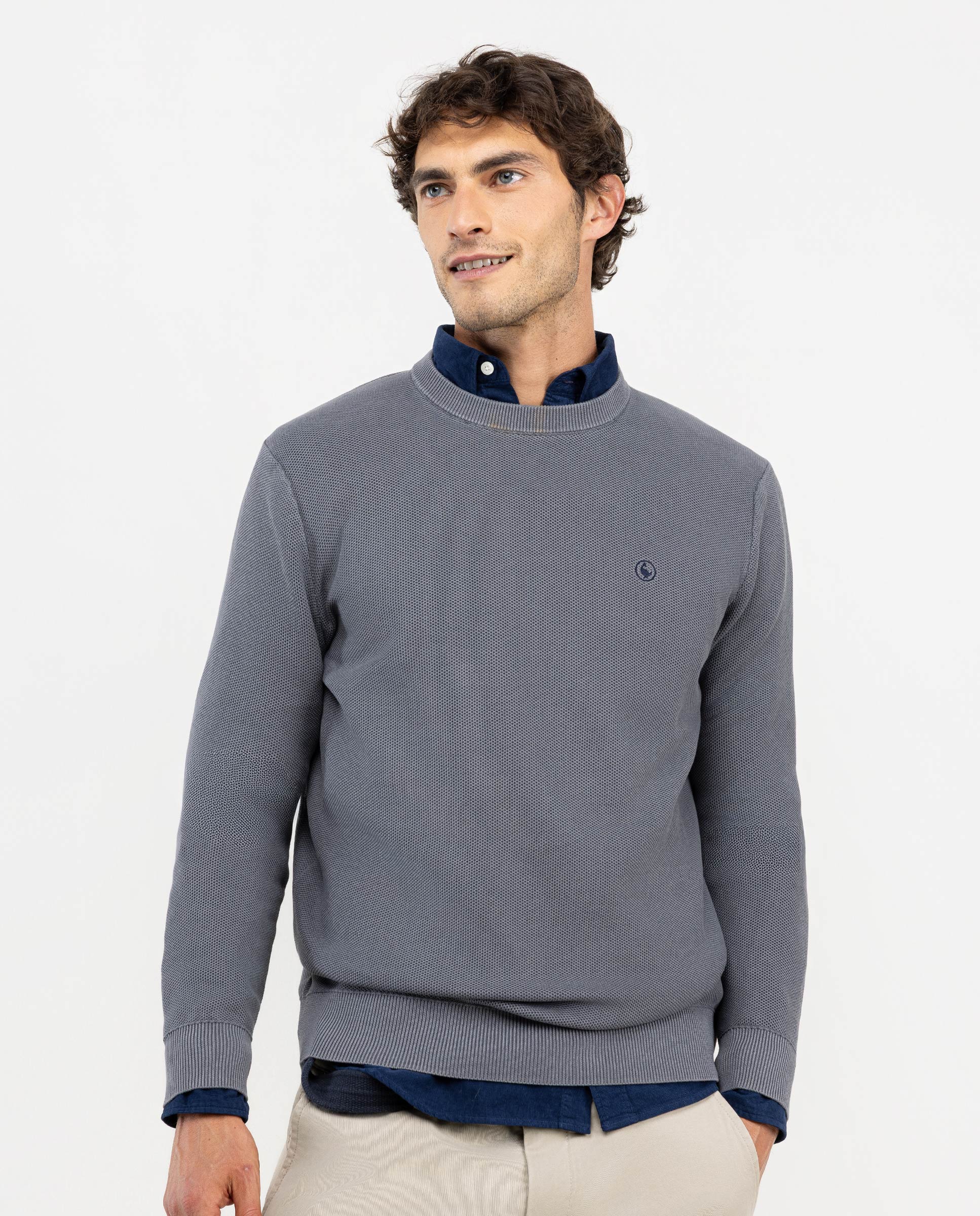 Grey Textured Garment Dyed Jumper