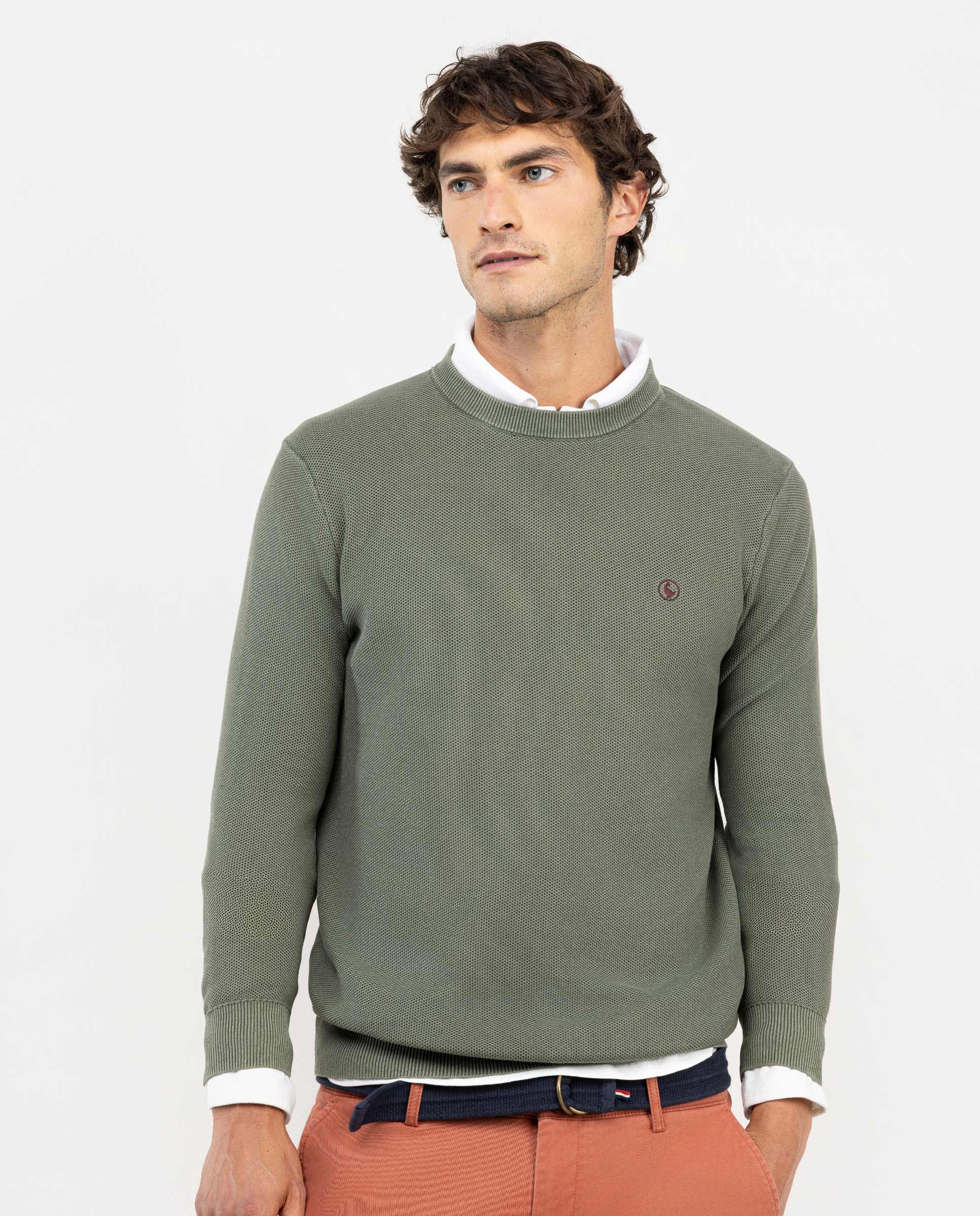 Green Textured Garment Dyed Jumper