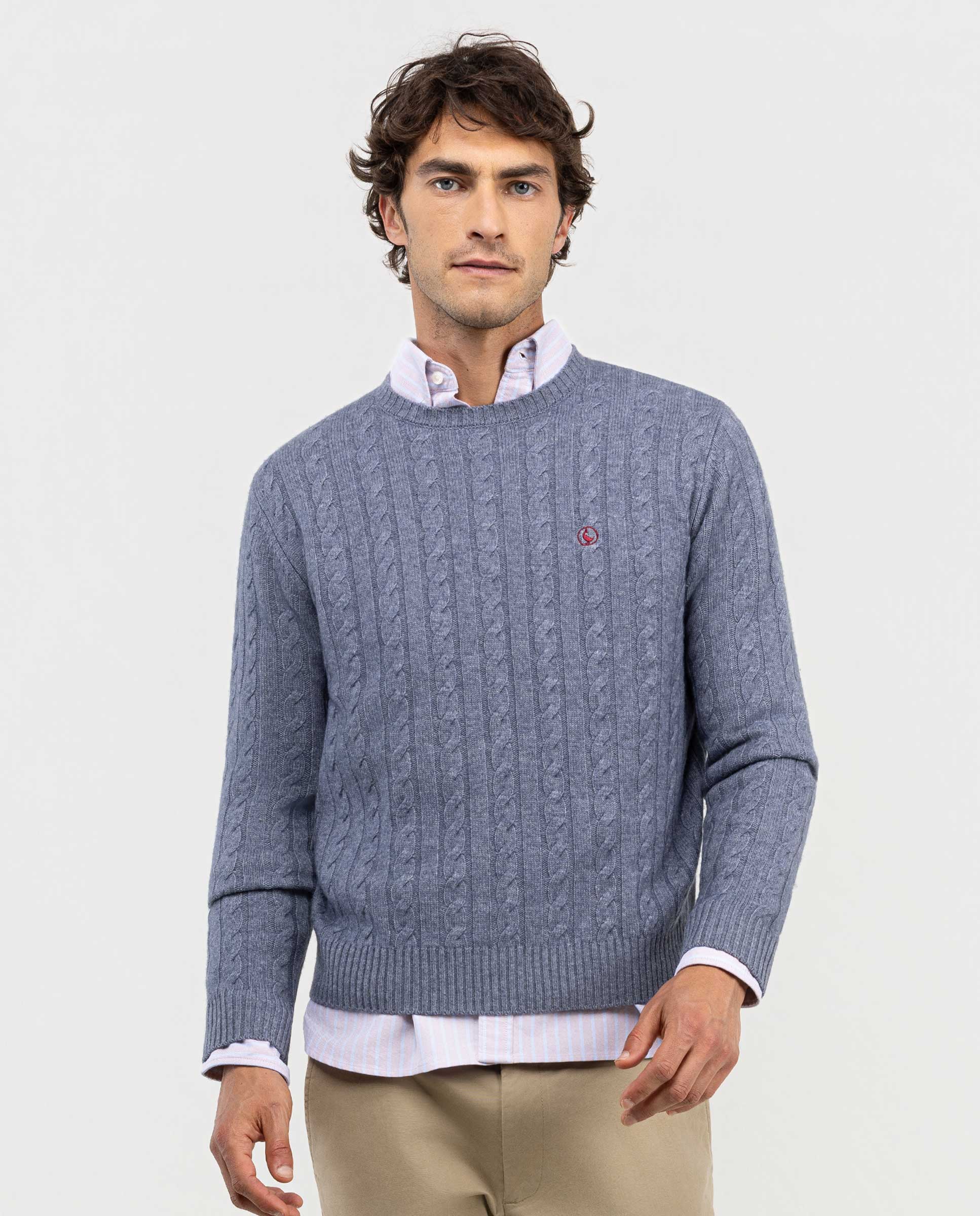 Bluish Grey Cable Knit Jumper W Crew Neck