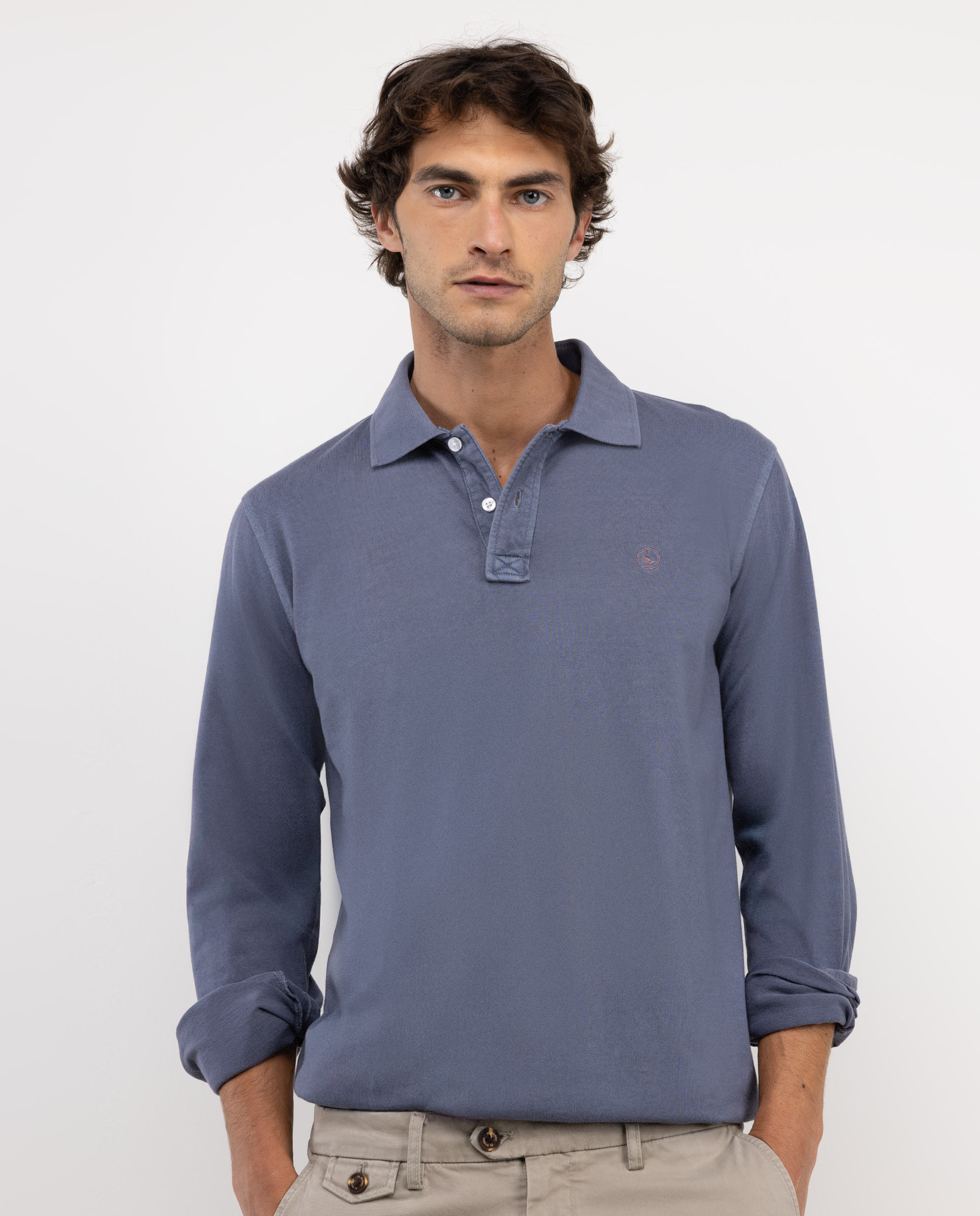 Camisa polo manga comprida em jersey de petróleo