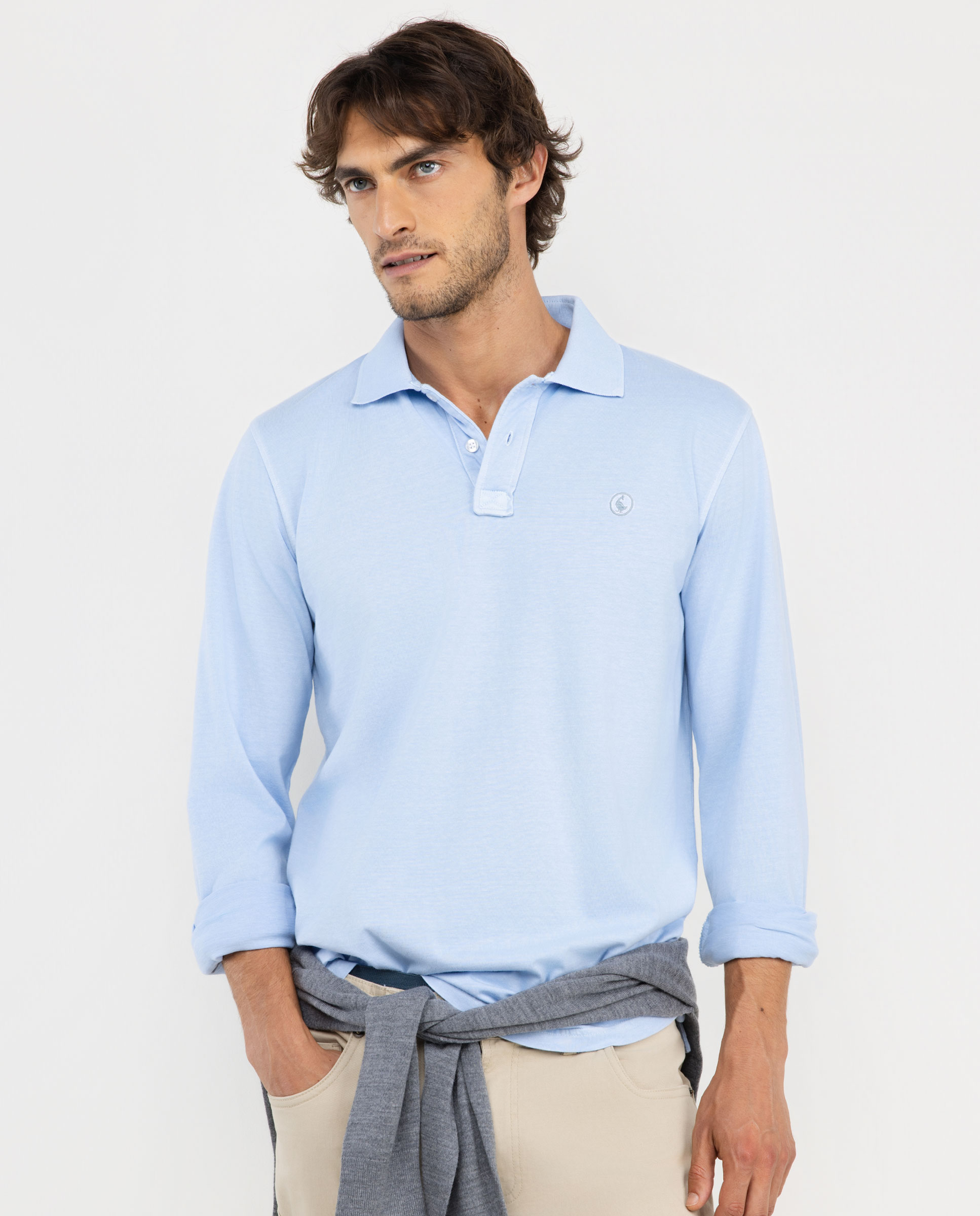 Polo Logo Bordado Manga Larga Celeste