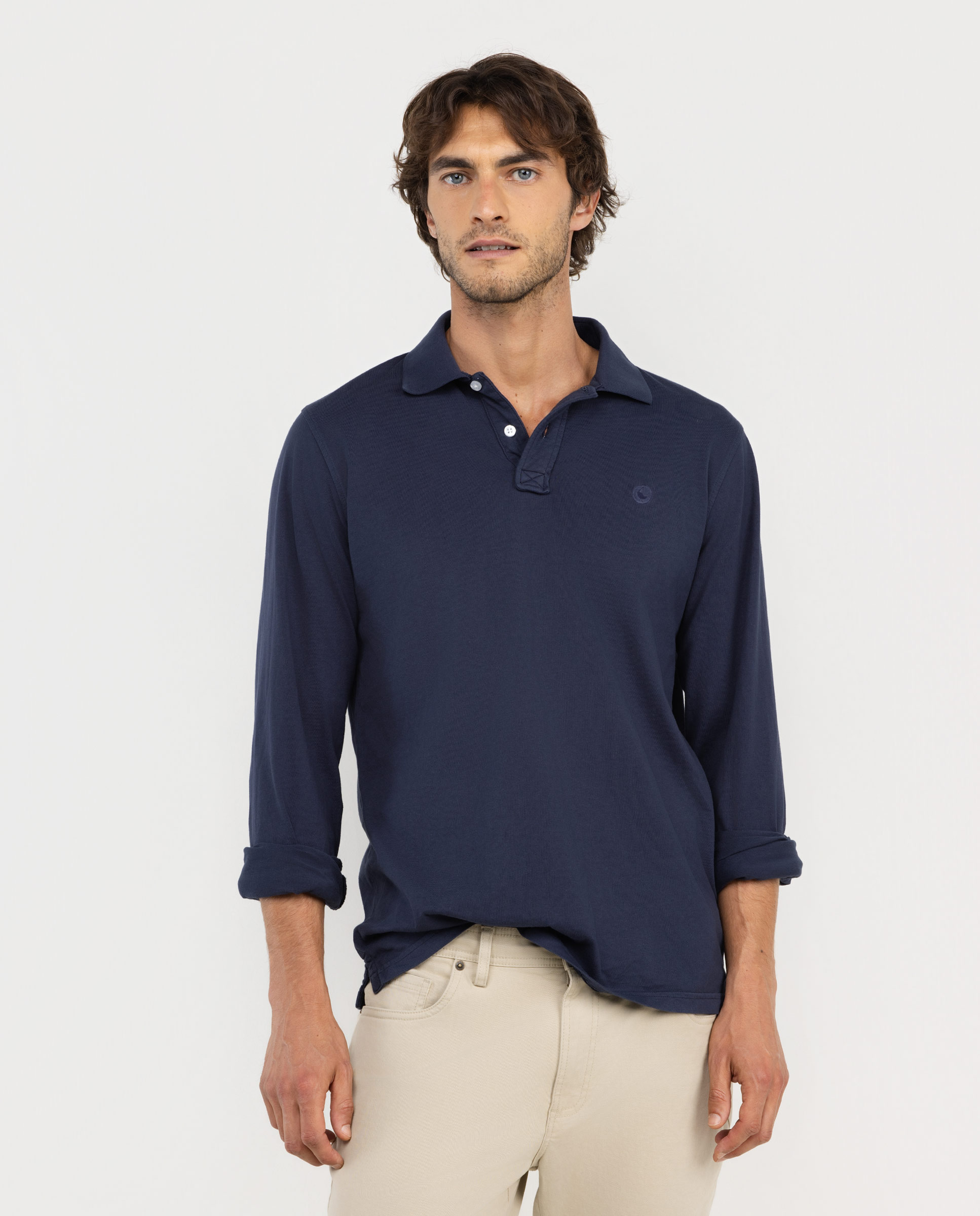 Polo Logo Bordado Manga Larga Marino