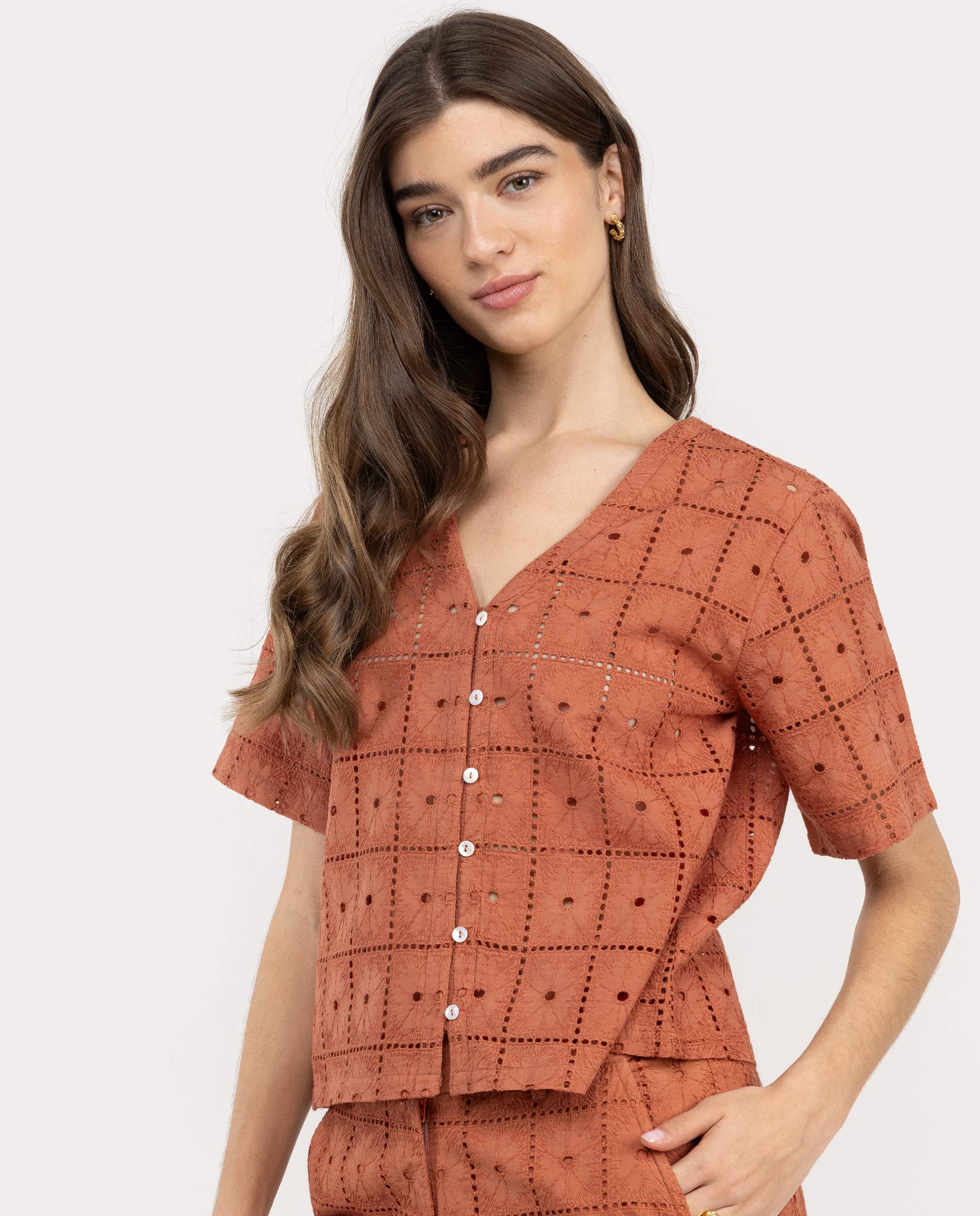 Camisa Lina Bordados Teja