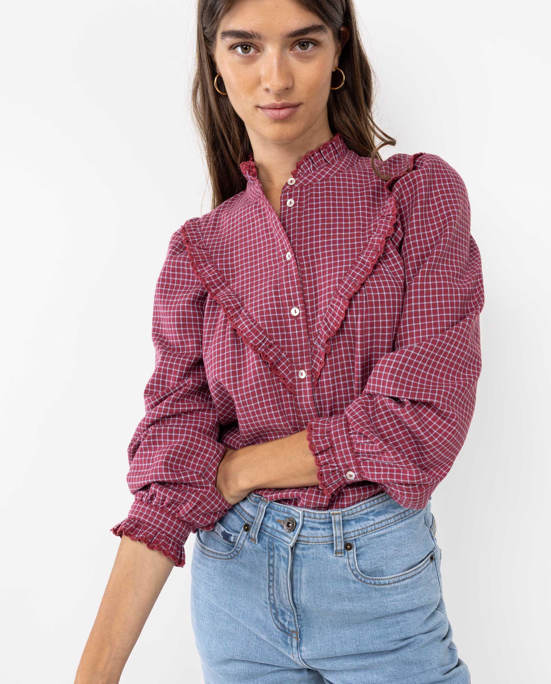 Checked Burgundy Blouse W Ruffles