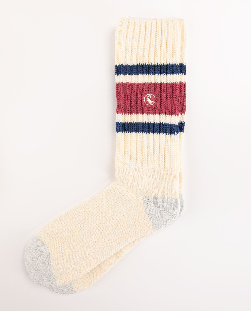 Meia esportiva listrada vermelha azul marinho